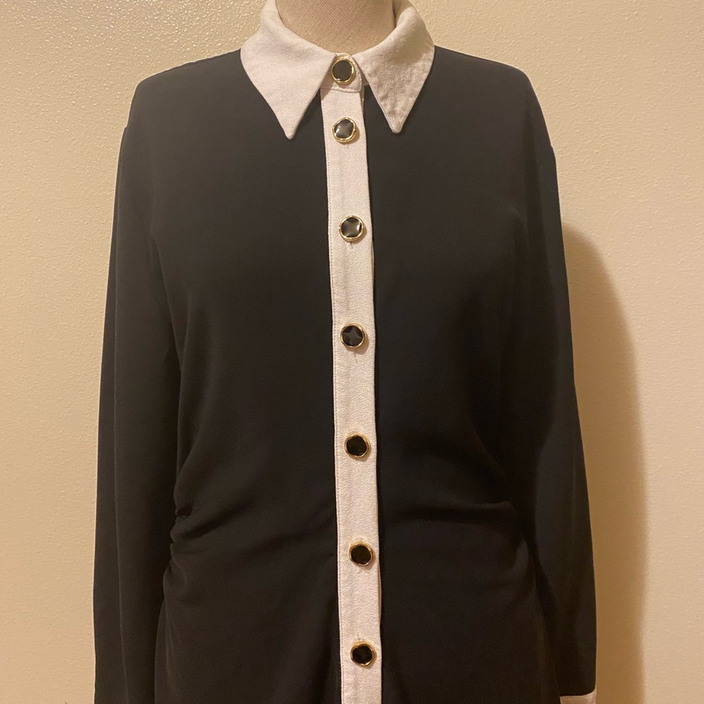Black Button-Front Dress with Cream Collar